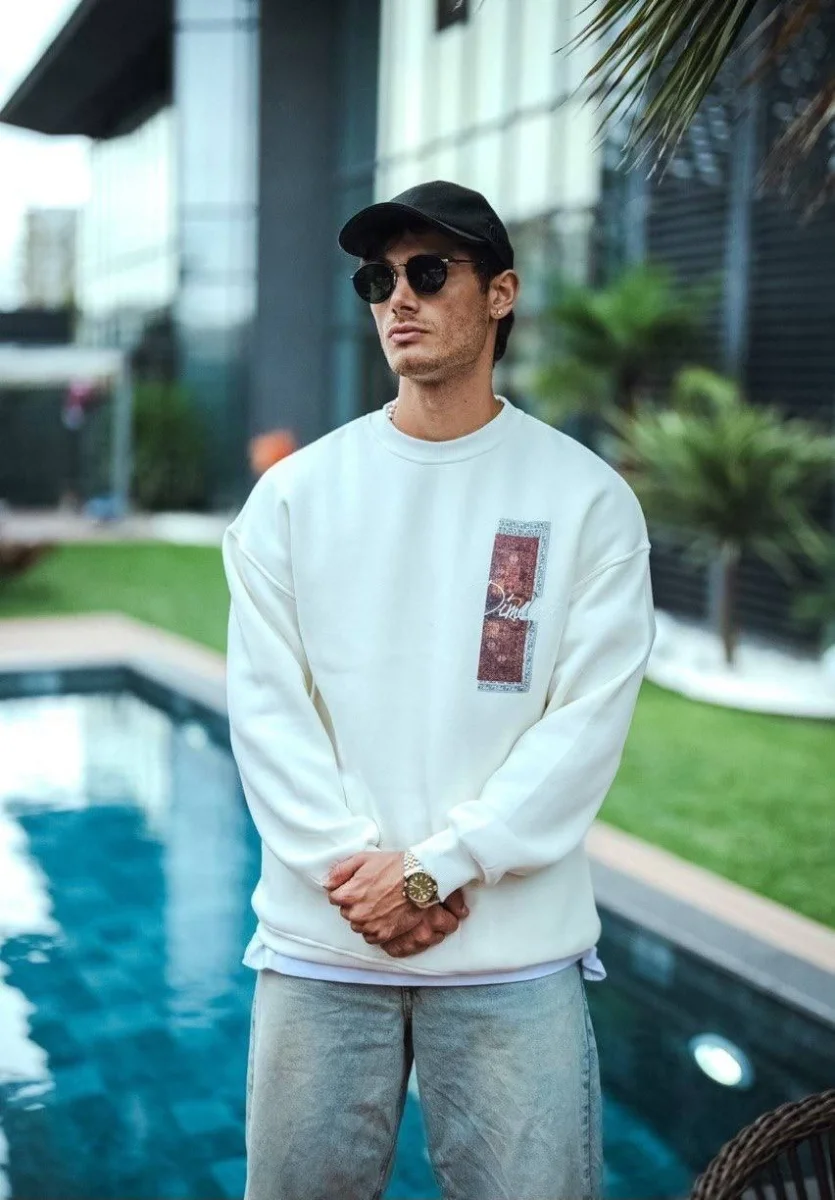 Uzun Kol Bisiklet Yaka Ön ve Arka Baskılı SweatShirt - Beyaz -