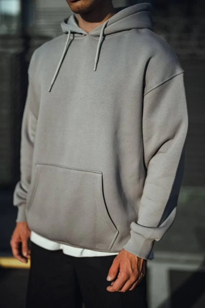 Üç İplik Penye Kapşonlu Basic SweatShirt - Boyalı Gri -