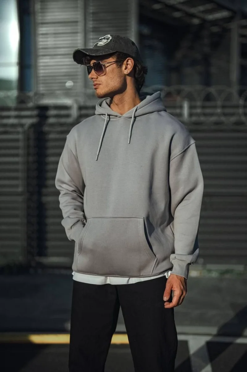 Üç İplik Penye Kapşonlu Basic SweatShirt - Boyalı Gri -