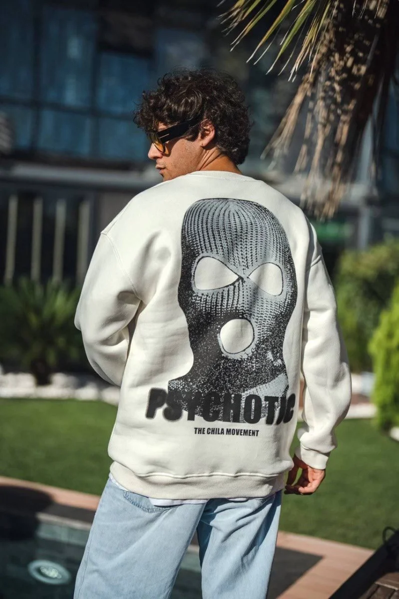 Kışlık Bisiklet Yaka Baskılı SweatShirt - Beyaz -