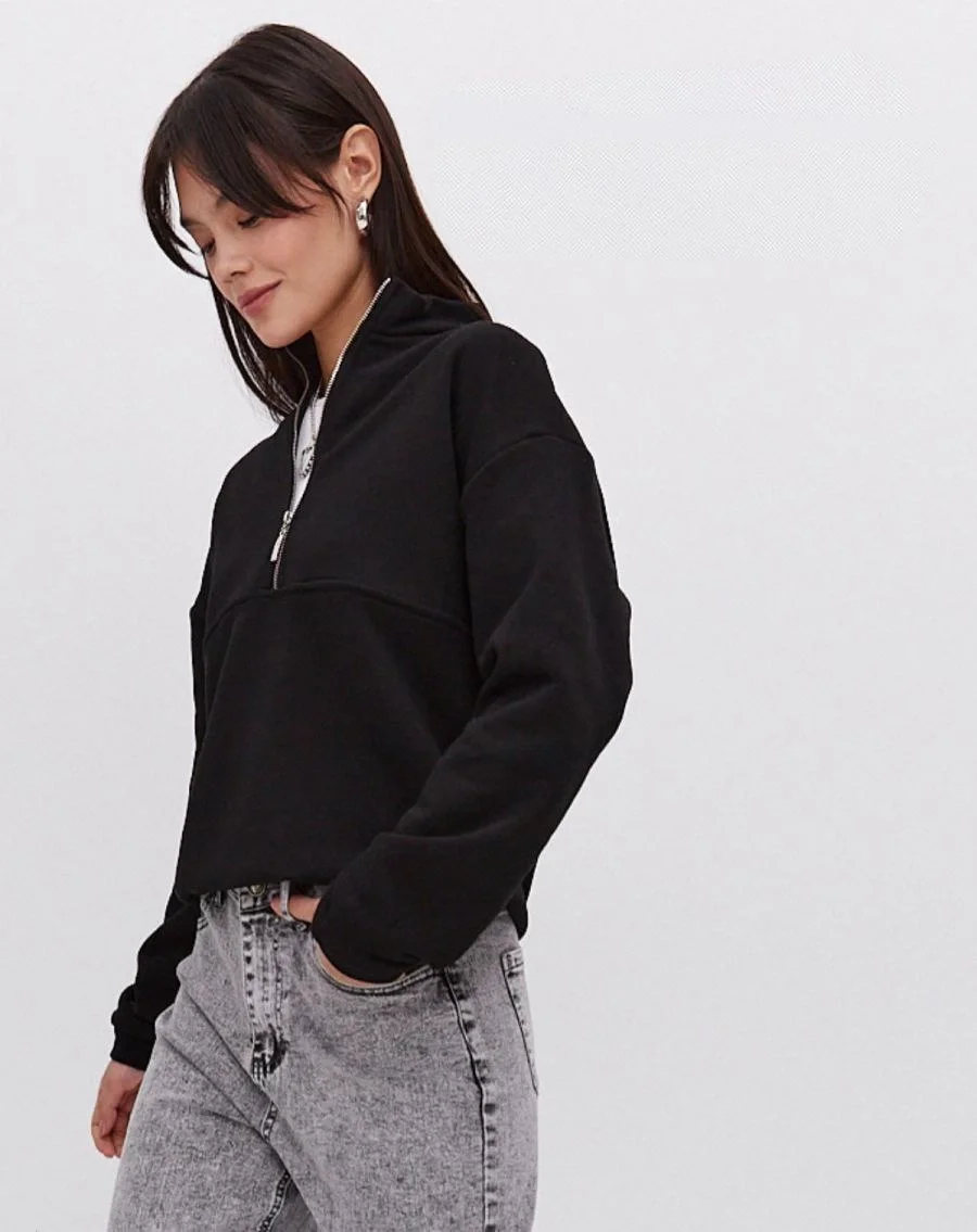 Oversize Yarım Farmuarlı Yakalı Basic SweatShirt - Siyah -