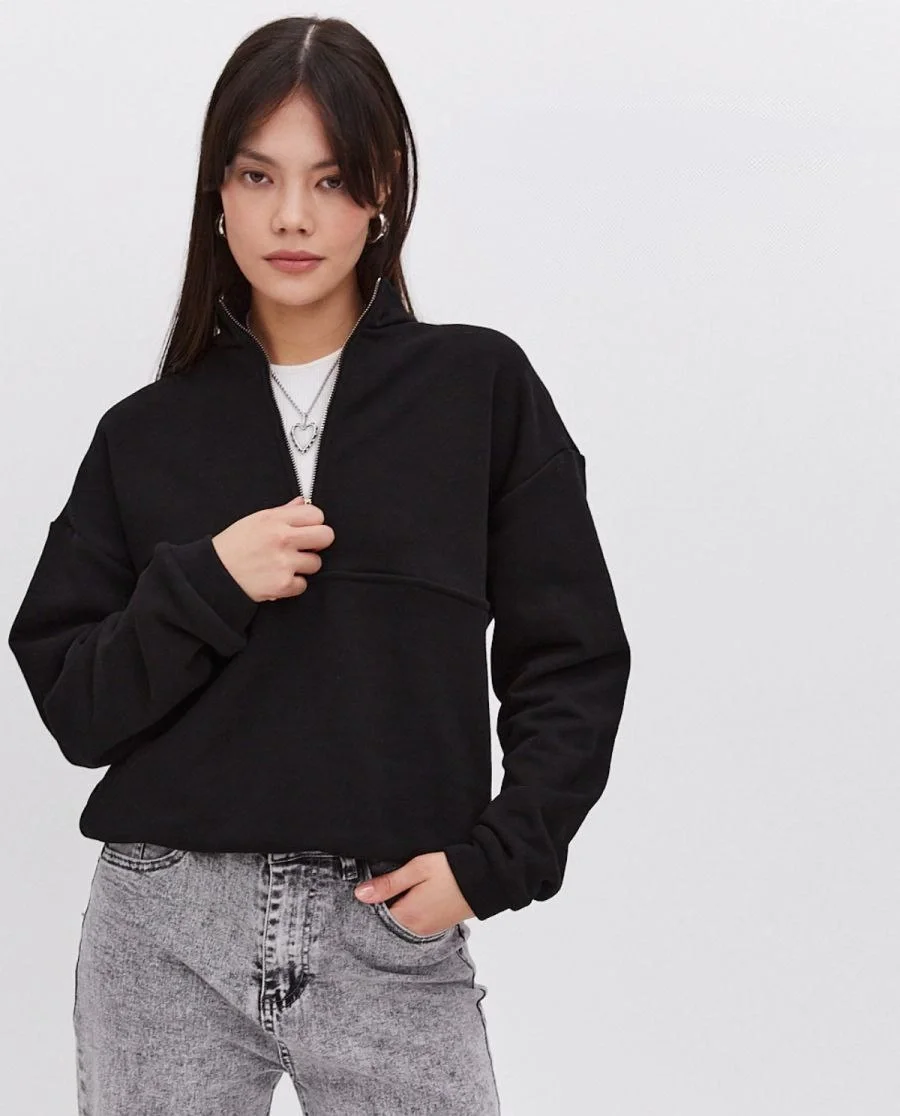 Oversize Yarım Farmuarlı Yakalı Basic SweatShirt - Siyah -