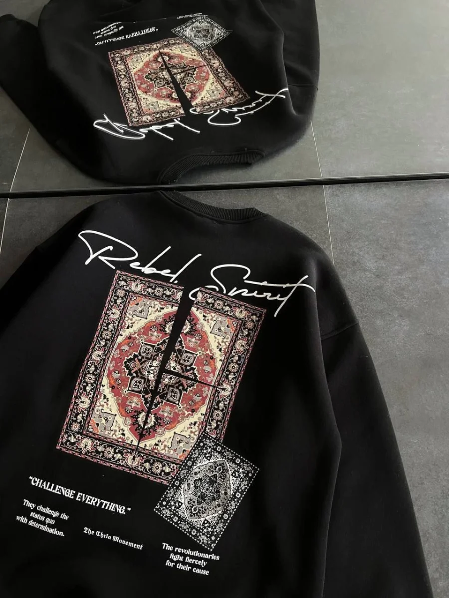 Bisiklet Yaka Baskılı SweatShirt - Siyah -