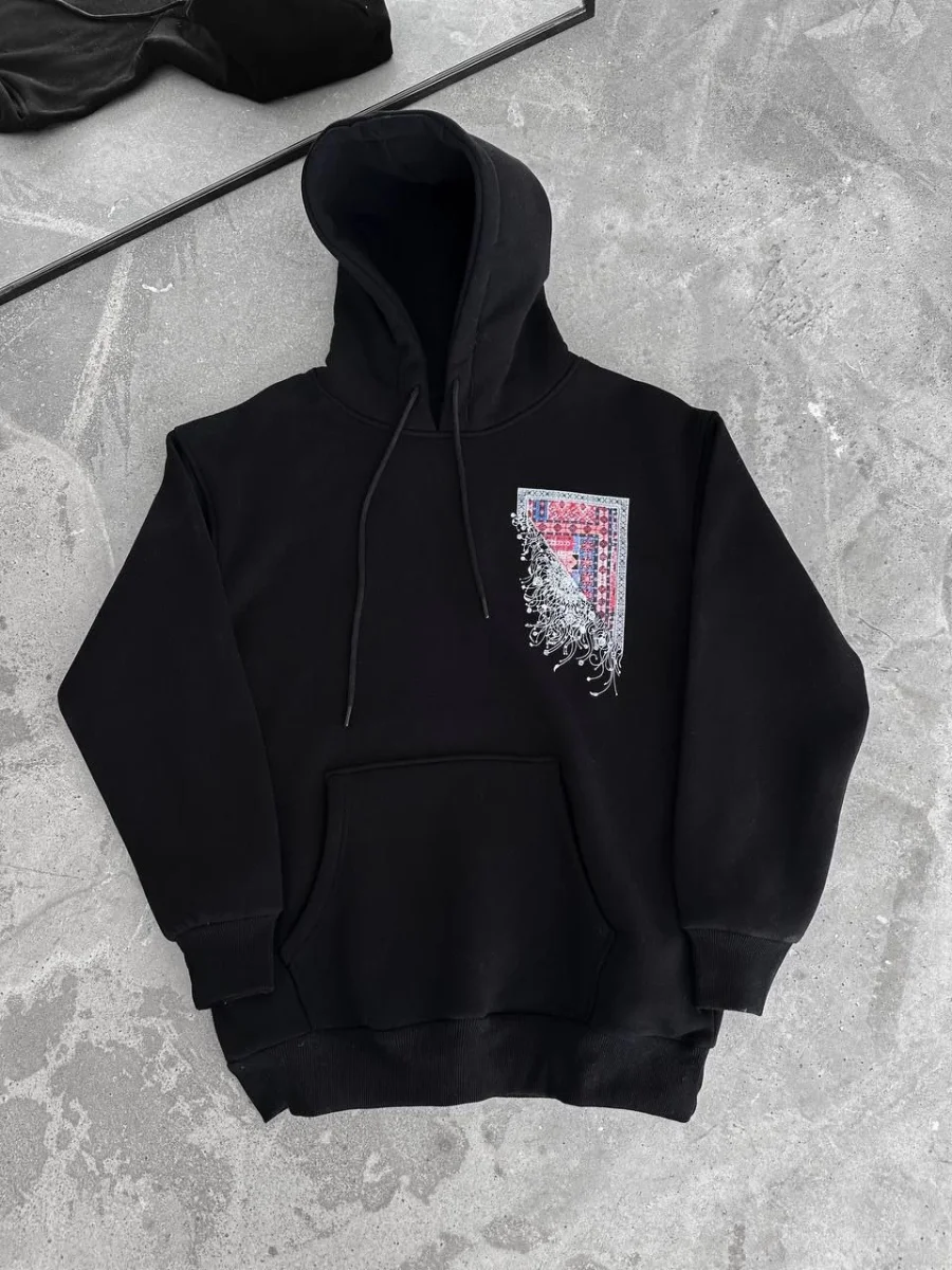 Uzun Kol Kapüşonlu Ön Ve Arka Baskılı SweatShirt - Siyah -