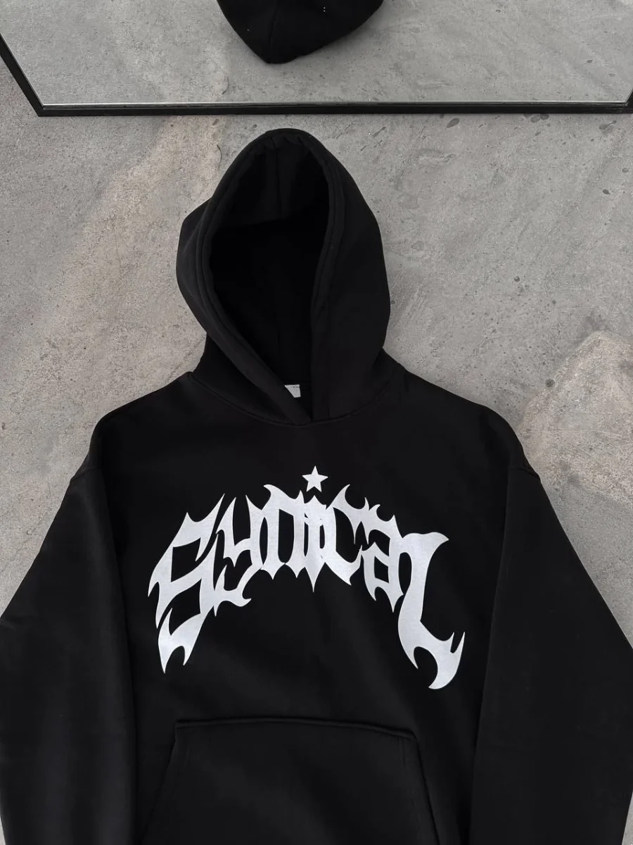 Kışlık Kapüşonlu Baskılı Oversize SweatShirt- Siyah -