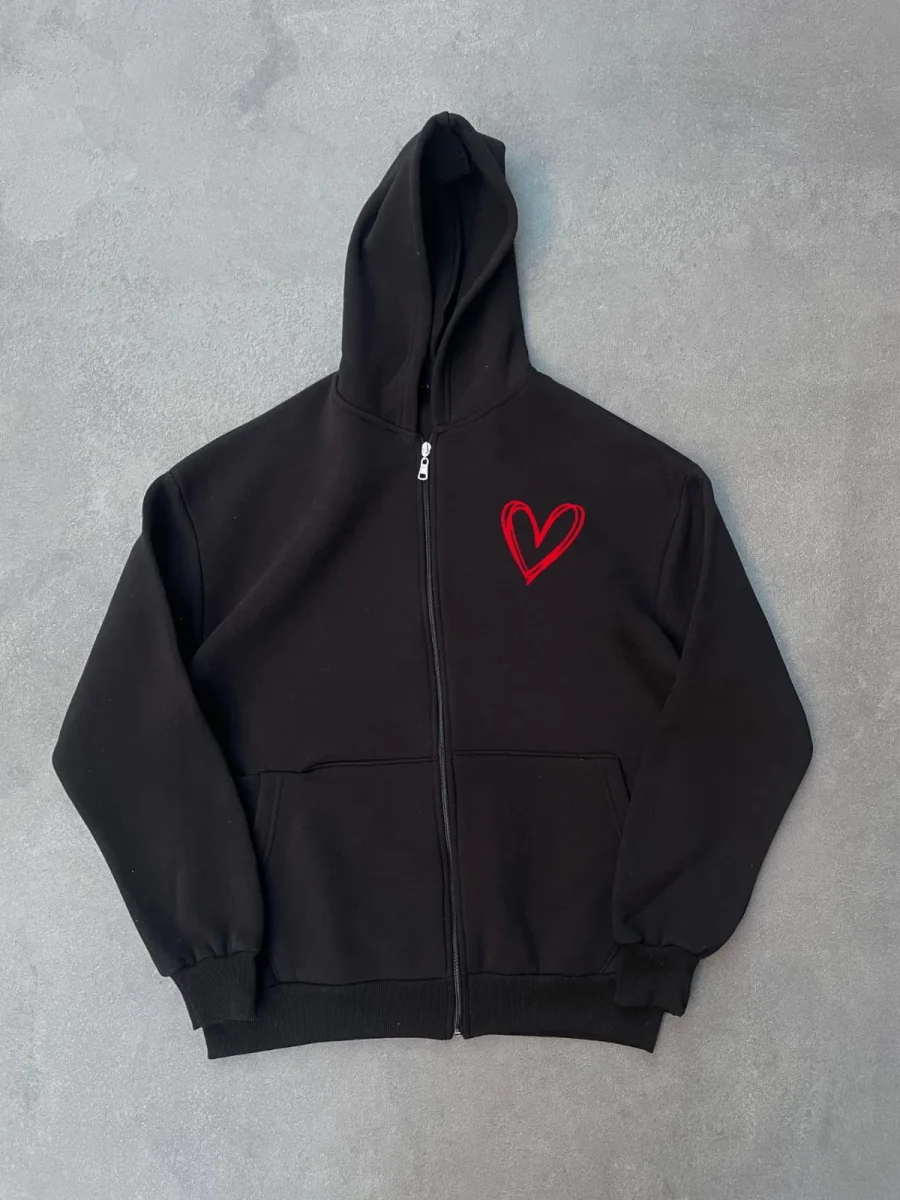 Üç İplik Baskılı Fermuarlı Kapüşonlu Hırka - Siyah -