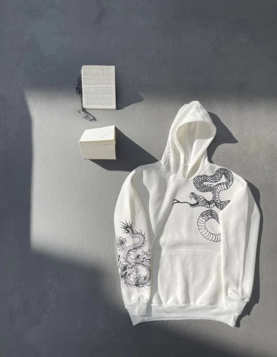 Uzun Kol Kapüşonlu Baskılı SweatShirt - Beyaz -