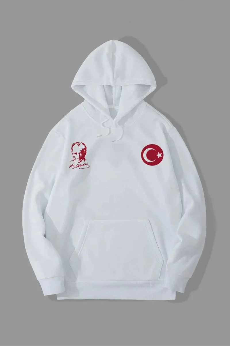 10 Kasıma Özel Üç İplik Kapüşonlu Baskılı SweatShirt - Beyaz -