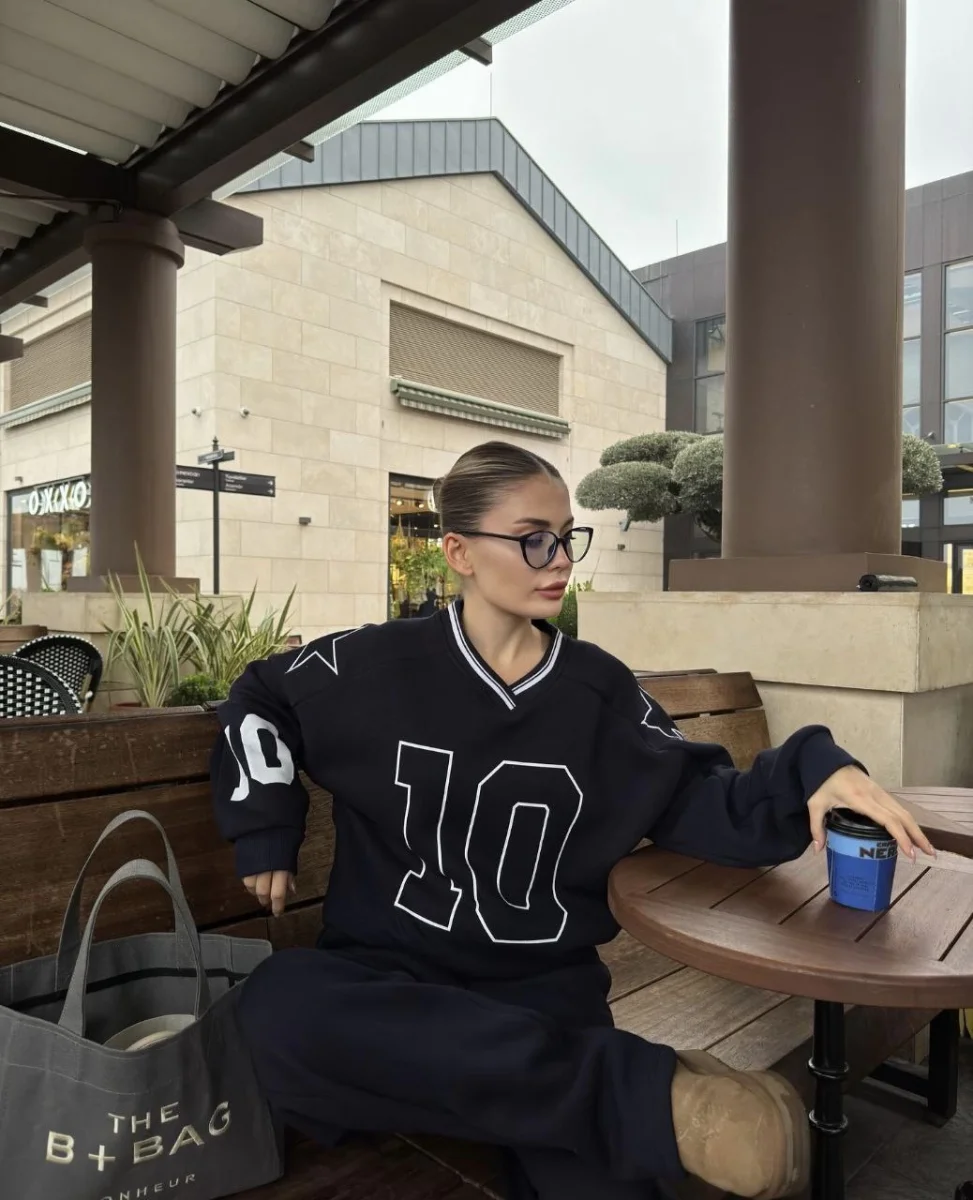 V Yaka Üç İplik Sweat Takım - Siyah -