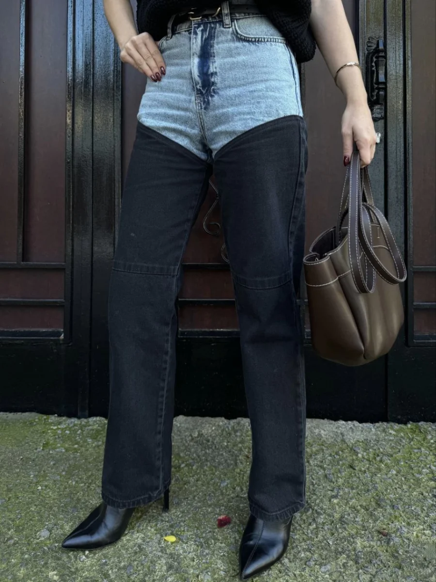 Jeans Kot Parçalı Palazzo Pantolon - Siyah -