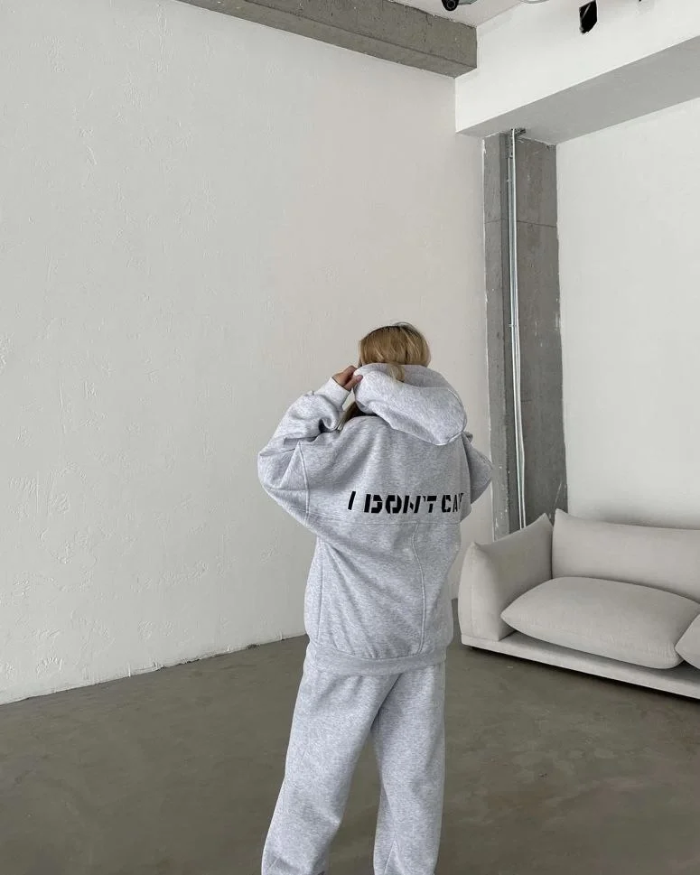 Nakış İşlemeli Üç İplik Sweat Takım- Gri -