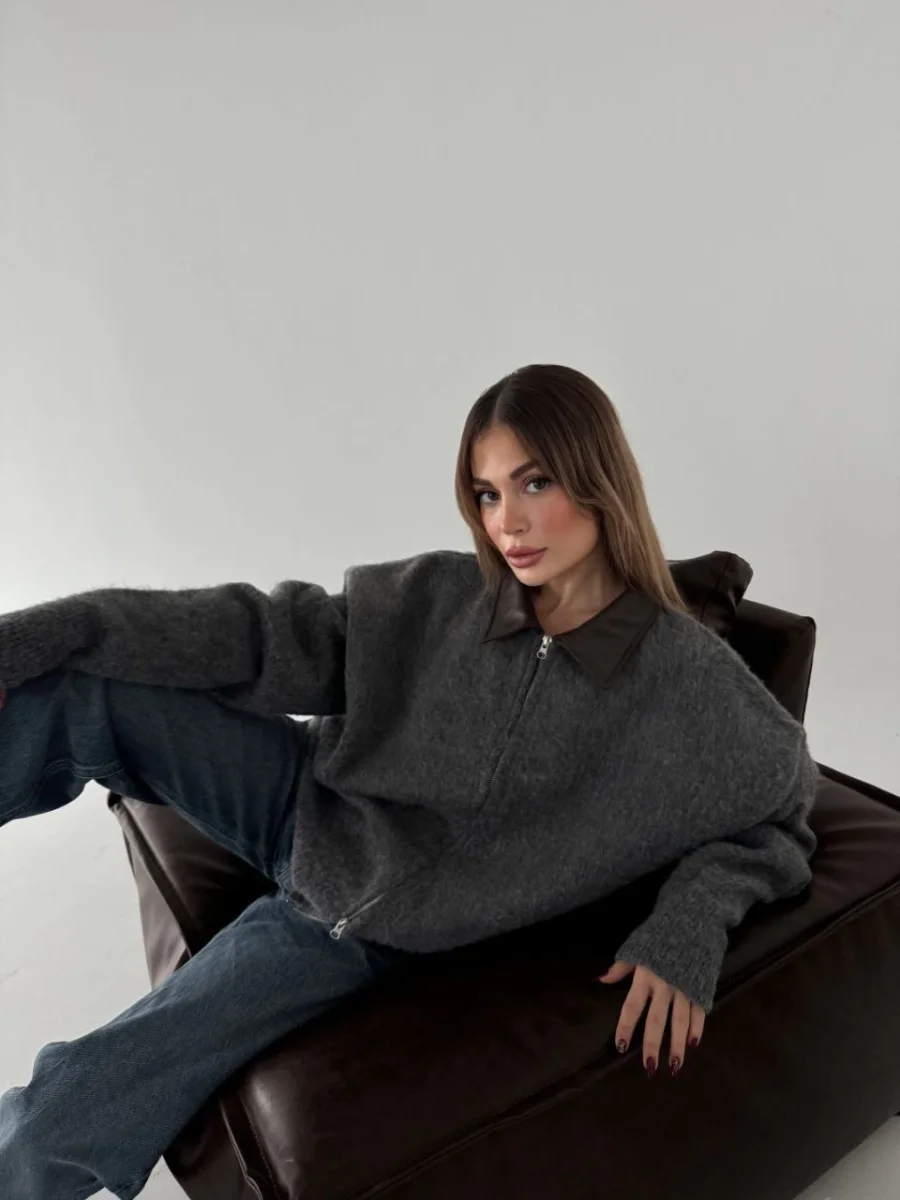 Deri Yakalı Pamuk dokulu Çift Taraflı Çalışan Fermuar Ceket - Füme -