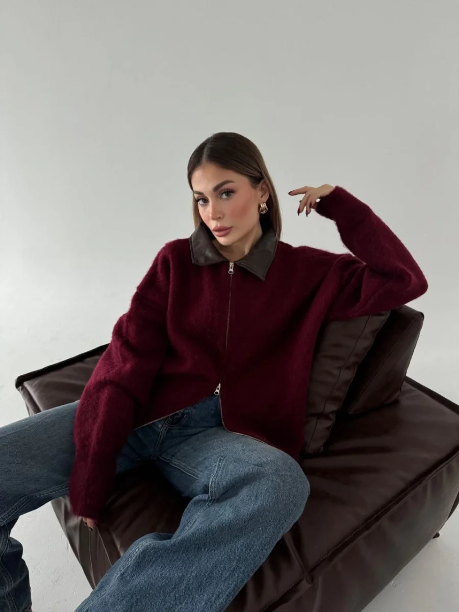 Deri Yakalı Pamuk dokulu Çift Taraflı Çalışan Fermuar Ceket - Bordo -