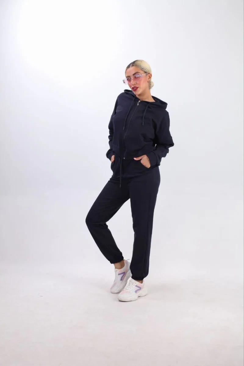 iki iplik Kapüşonlu Fermuarlı Crop Oversize Hırka Takım- Lacivert -