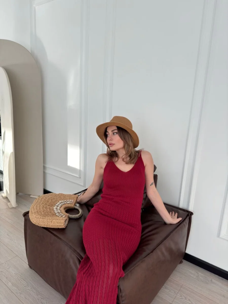 Örgülü Uzun Triko Elbise - Bordo -