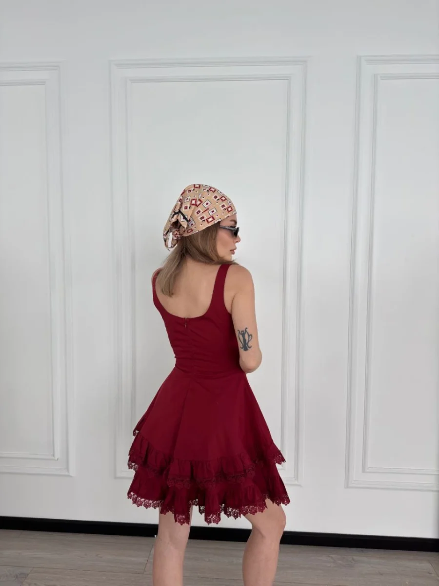 Mini Askılı Elbise - Bordo -