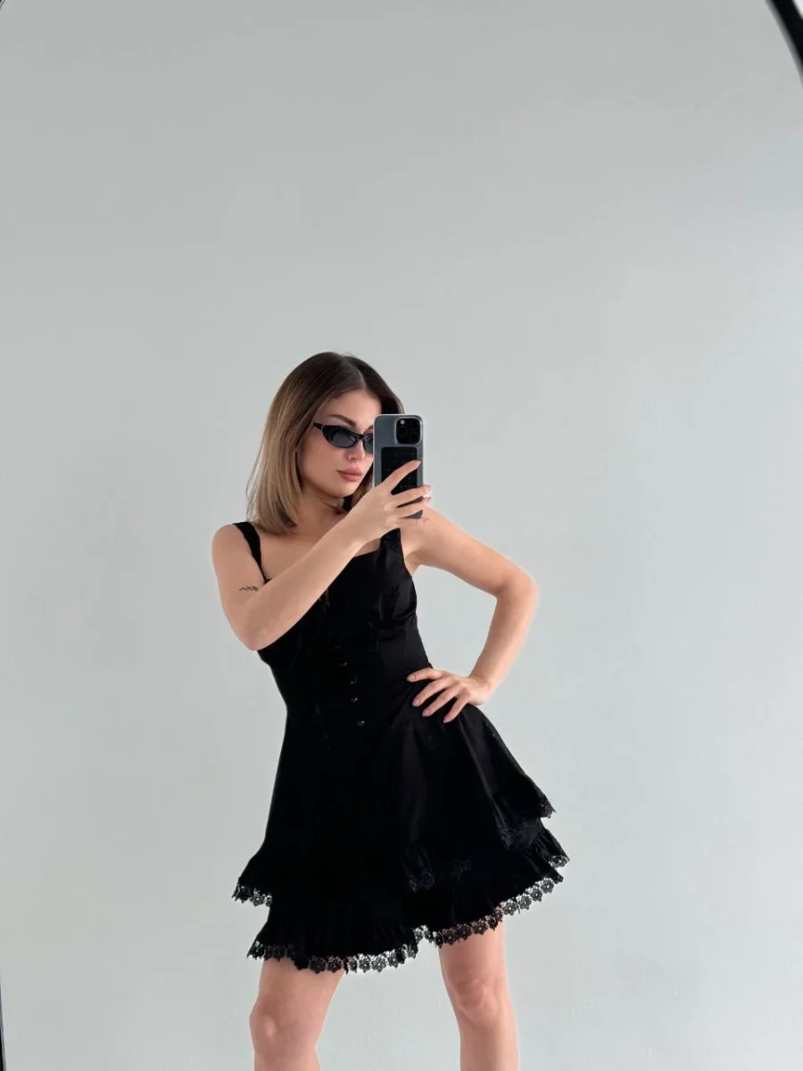 Mini Askılı Elbise - Siyah -