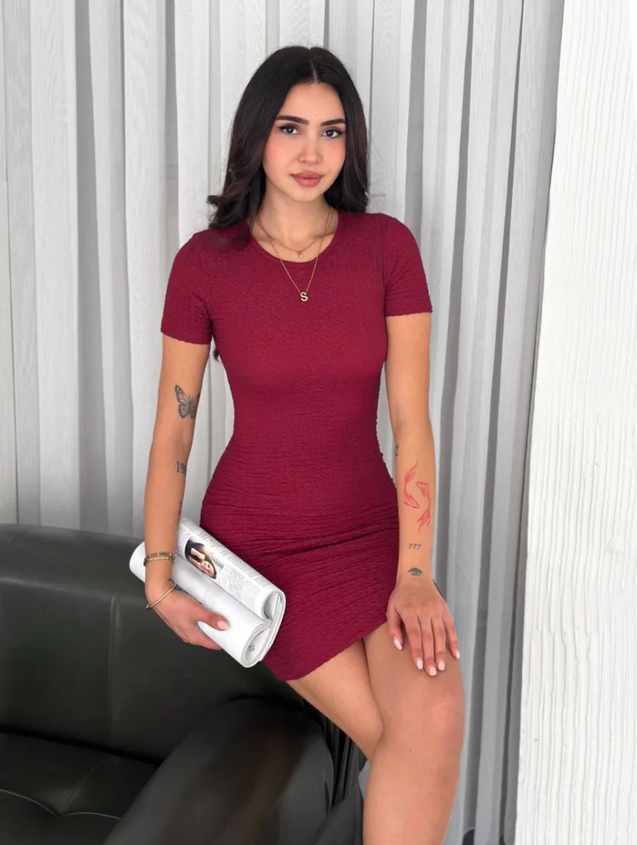 Bisiklet Yaka Kısa Kol Likralı Elbise - Bordo -