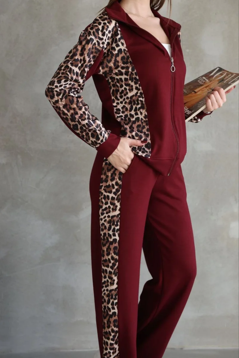 Osy Modal Yumuşak Dokulu Kumaş Kapüşonlu Leopar Desenli Fermuarlı Takım - Bordo -