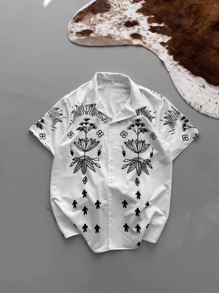 İki İplik Kumaş Baskılı Gömlek - Beyaz -