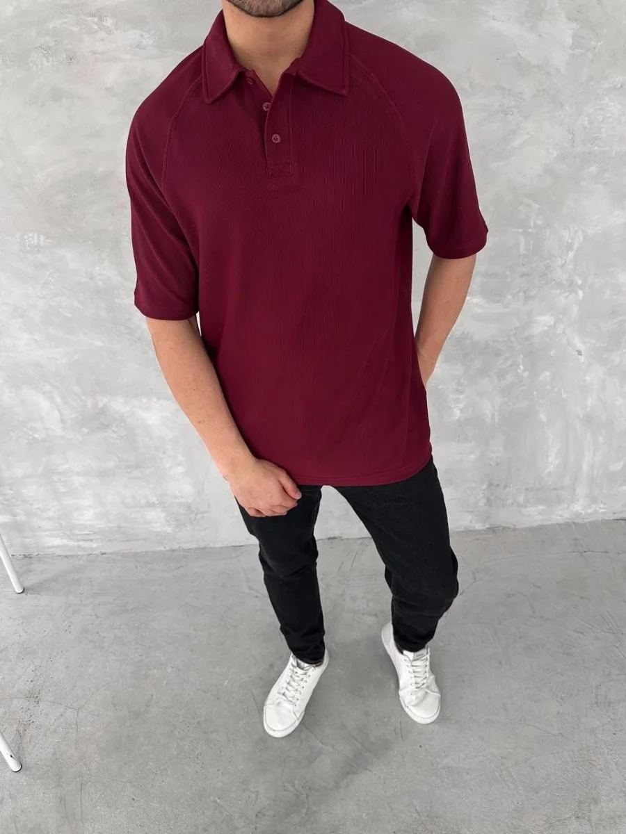 Yakalı Patlı Kısa Kol T-shirt - Bordo -