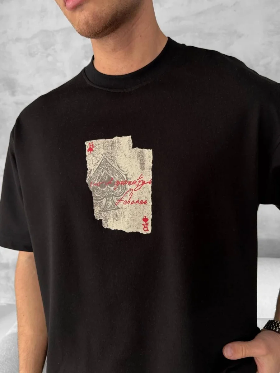 Ön ve Arka Baskılı Oversize Bisiklet Yaka T-shirt - Siyah -