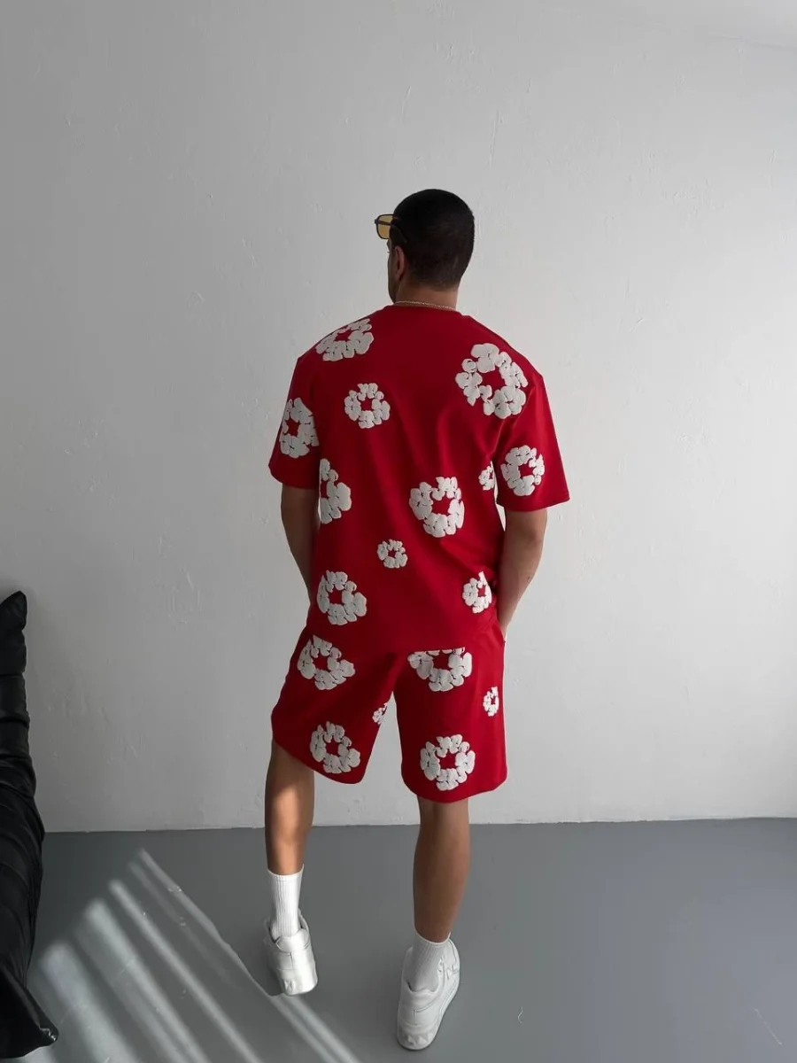 İki İplik Kumaş Baskılı T-shirt Şortlu Takım- Kırmızı -