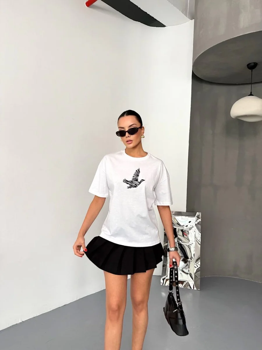 Kısa Kol Baskılı T-shirt - Beyaz -