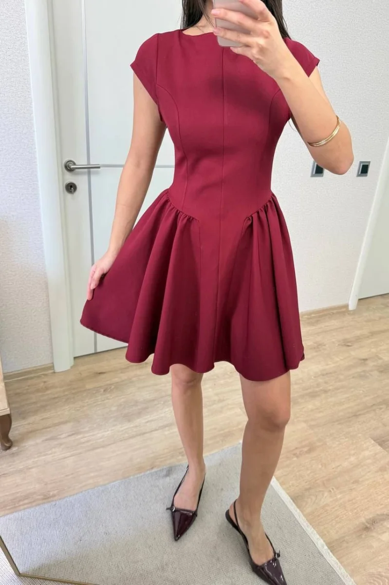 Sırt dekolteli Çan Detaylı Mini Elbise - Bordo -