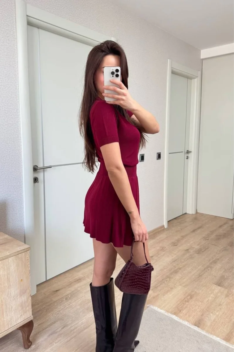 Kısa Kollu Bluz Mini Etekli ikili Takım Triko - Bordo -