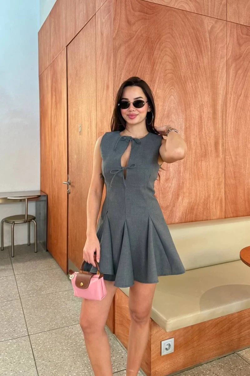Bağcık detaylı Kolsuz Mini Elbise - Antrasit -