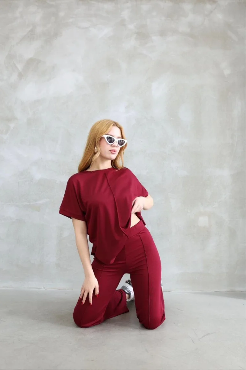 Osy Modal Yumuşak dokulu Kumaş Bisiklet Yaka Kısa Kollu Takım - Bordo -