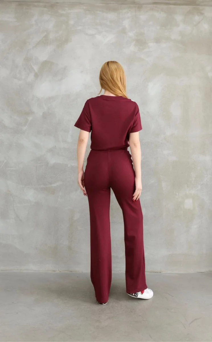 Osy Modal Yumuşak dokulu Kumaş Bisiklet Yaka Parçalı detaylı Kısa Kollu Takım - Bordo -