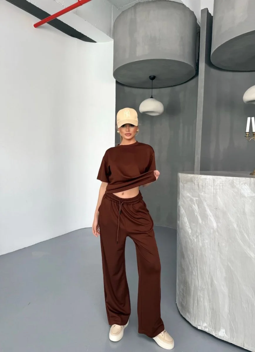 Osy Modal Yumuşak Dokulu Kumaş Kısa Kollu Bluz Rahat Pantalon ikili Takım- Kahverengi -