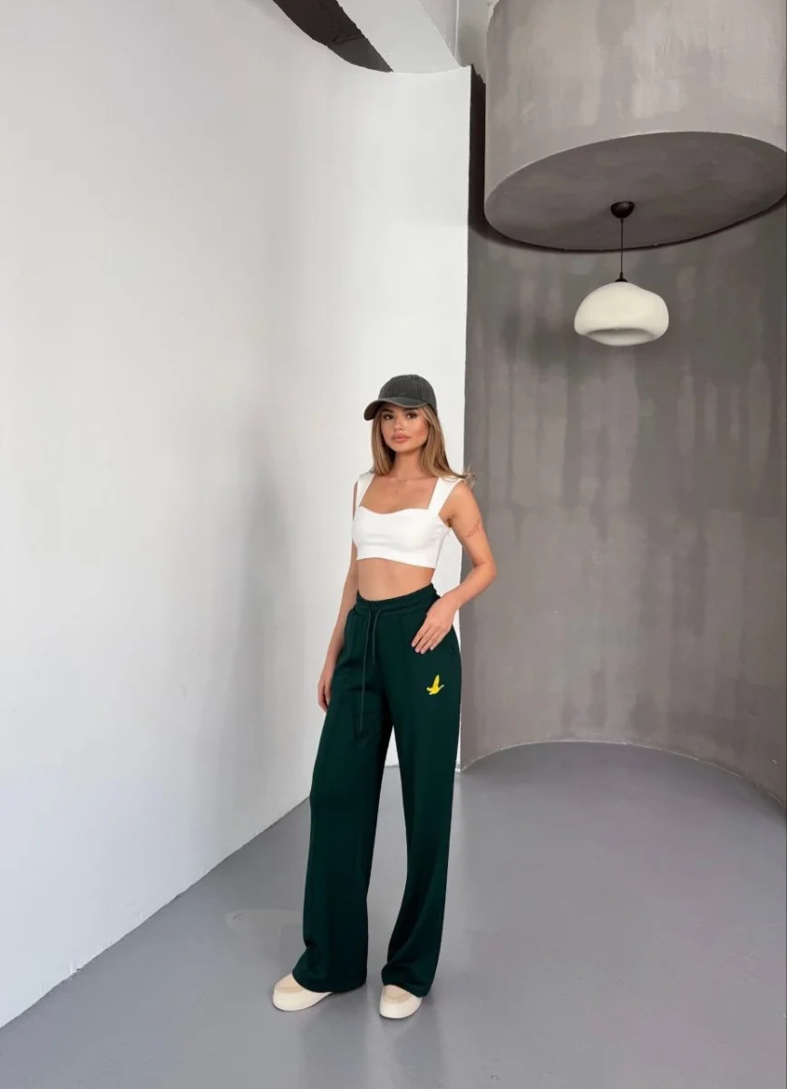 Osy Modal Yumuşak Dokulu Kumaş Nakış işlemeli Rahat Bol Paça Eşofman Pantalon - Yeşil -