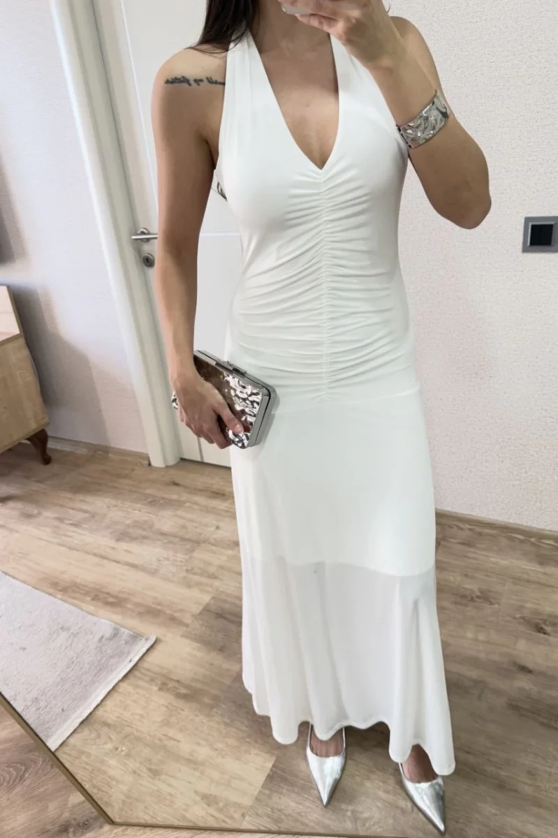 Sırt dekolteli Uzun Elbise - Beyaz -