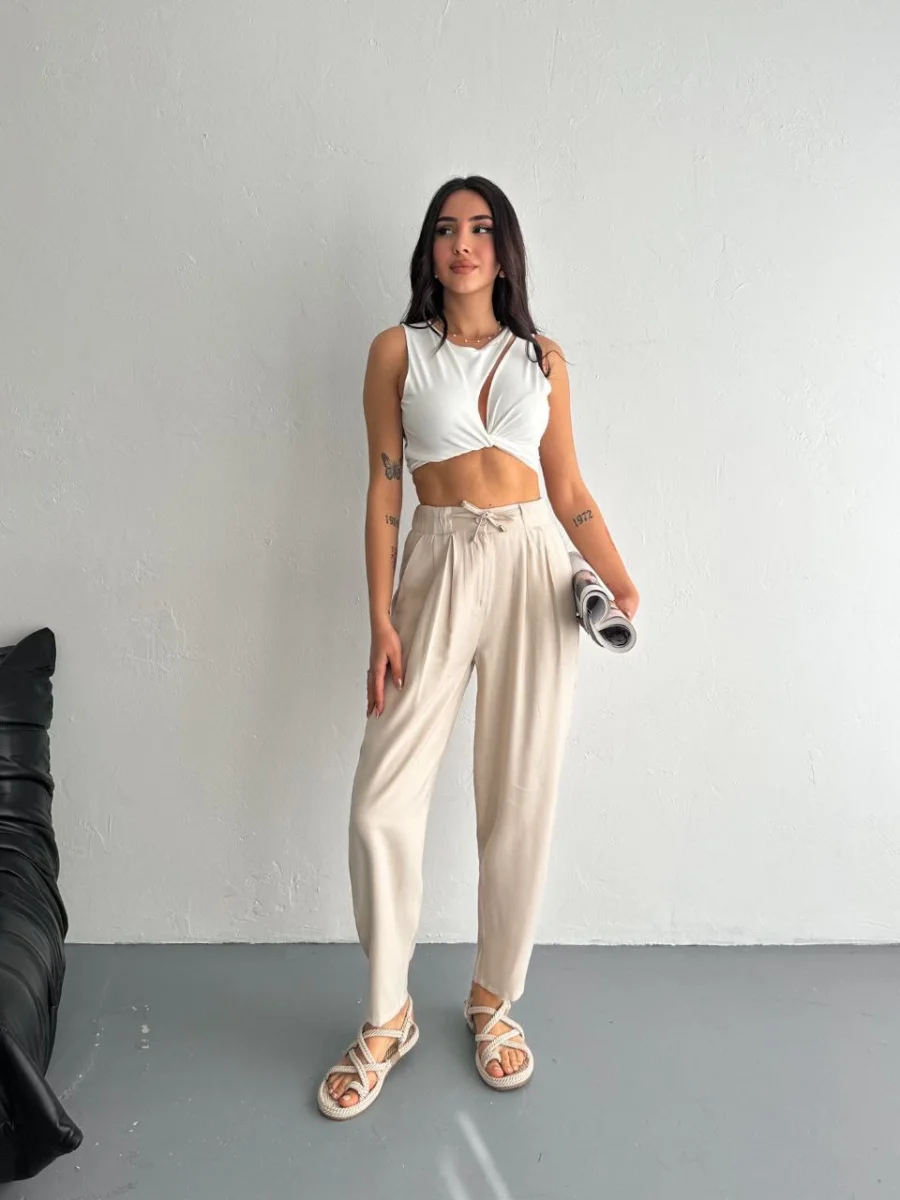 Yüksel Bel Beli Bağcıklı Rahat Boru Paça Pantalon - Kırık Beyaz -