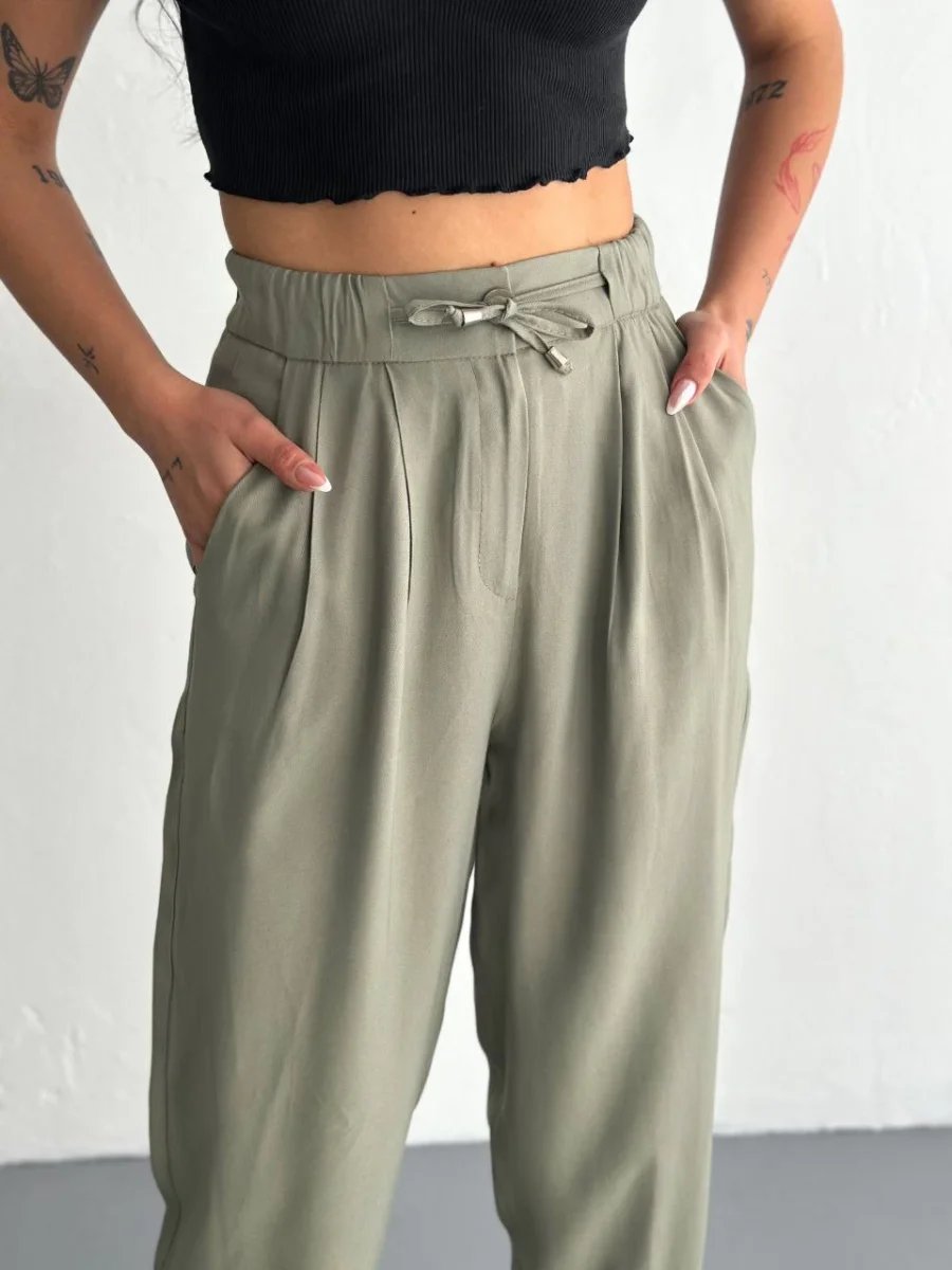 Yüksel Bel Beli Bağcıklı Cepli Rahat Paça Pantalon - Su Yeşili -
