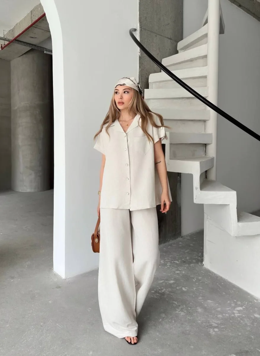 Keten Kısa Kollu Cepli Gömlek Pantolon ikili Takım - Beyaz -