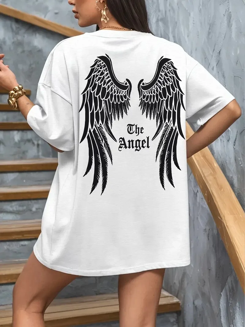 20/1 Penye Compack Dark Angel Baskılı Oversize Kısa Kol Yazlık T-shirt- Beyaz -