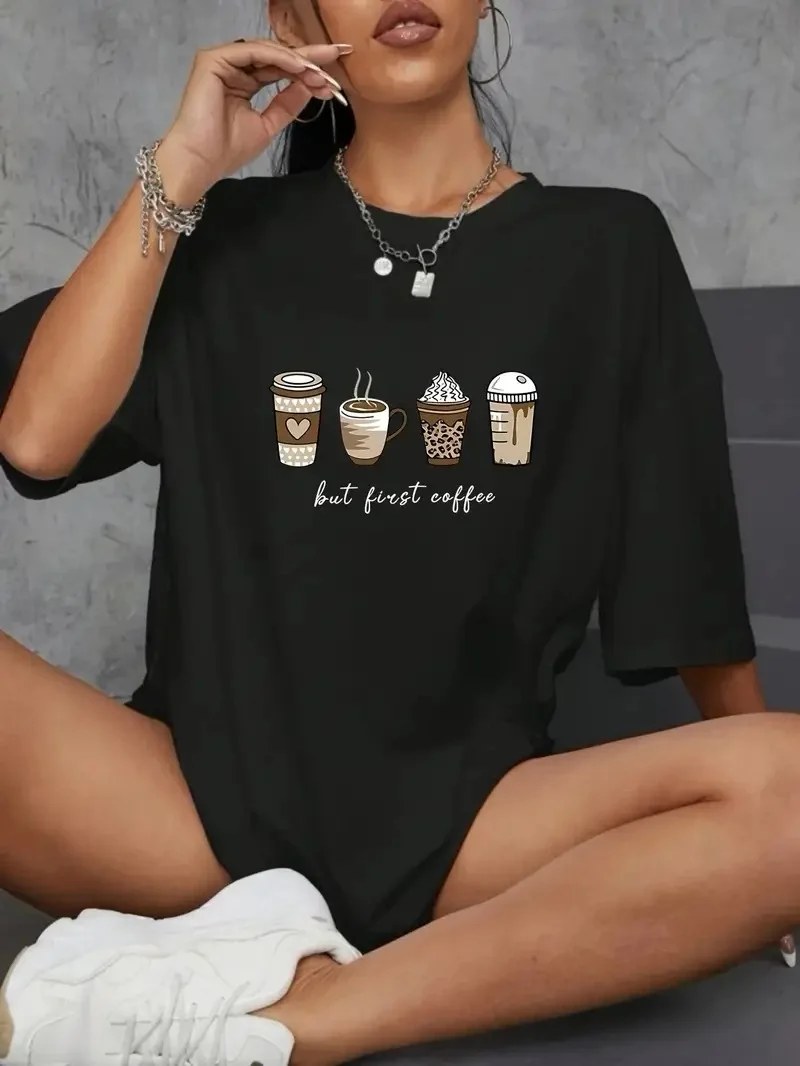 20/1 Penye Compack Baskılı Oversize Kahve Desenli   Kısa Kol Yazlık T-shirt - Siyah -