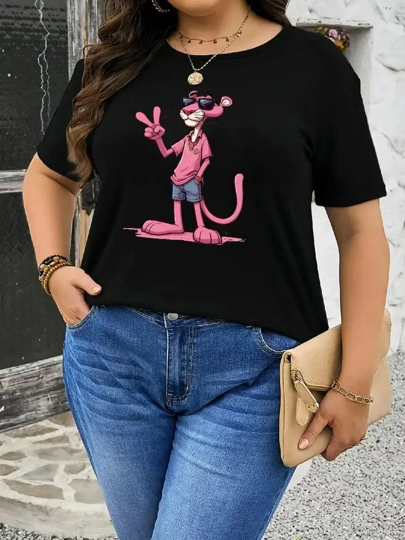 20/1 Penye Compack Pembe Panter Baskılı Oversize Bisiklet Yaka Kısa Kol Yazlık T-shirt - Beyaz -
