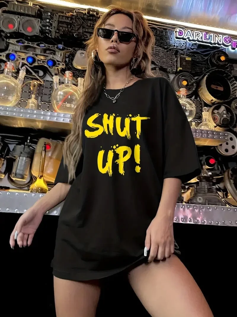20/1 Penye Compack Shut up Baskılı Oversize Bisiklet Yaka Kısa Kol T-shirt - Siyah -