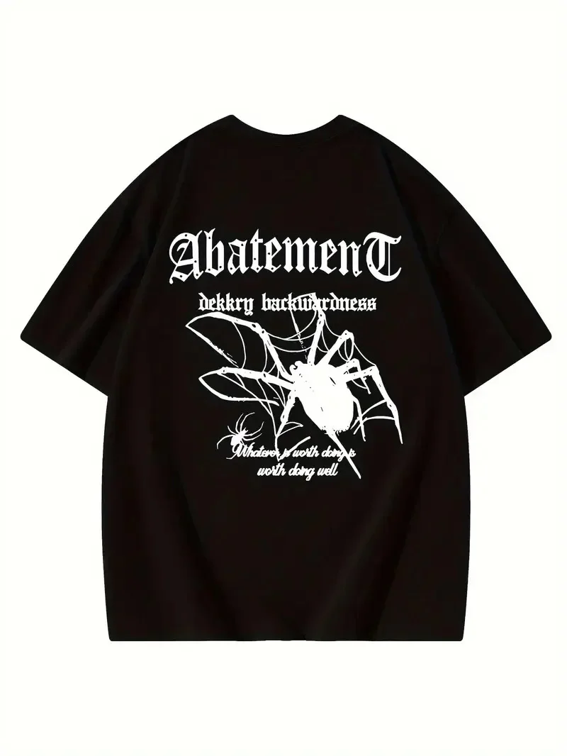 Örümcek Ağı Desenli Baskılı Oversize Bisiklet Yaka T-shirt - Siyah -