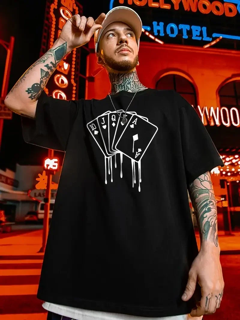 büyük beden Kart baskılı düz renk kısa kollu bisiklet yaka tişört gündelik giyim - Siyah -