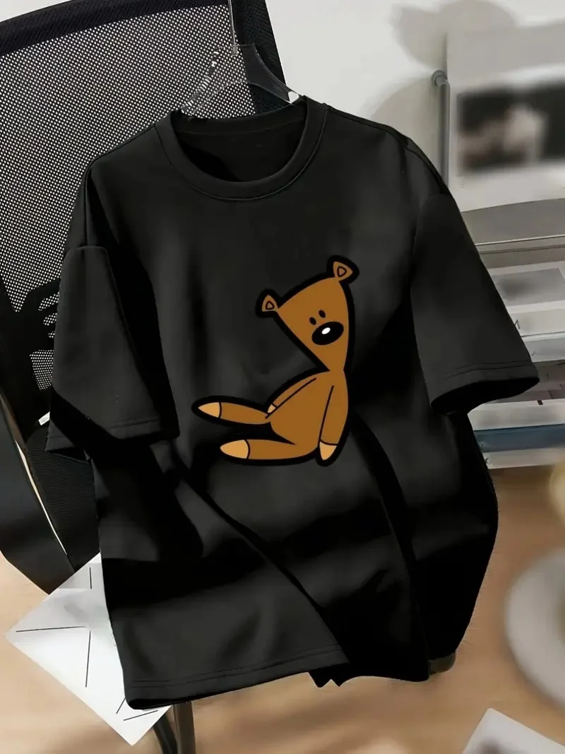 20/1 Penye Compack Ayı Baskılı Oversize Bisiklet Yaka Kısa Kol T-shirt - Siyah -