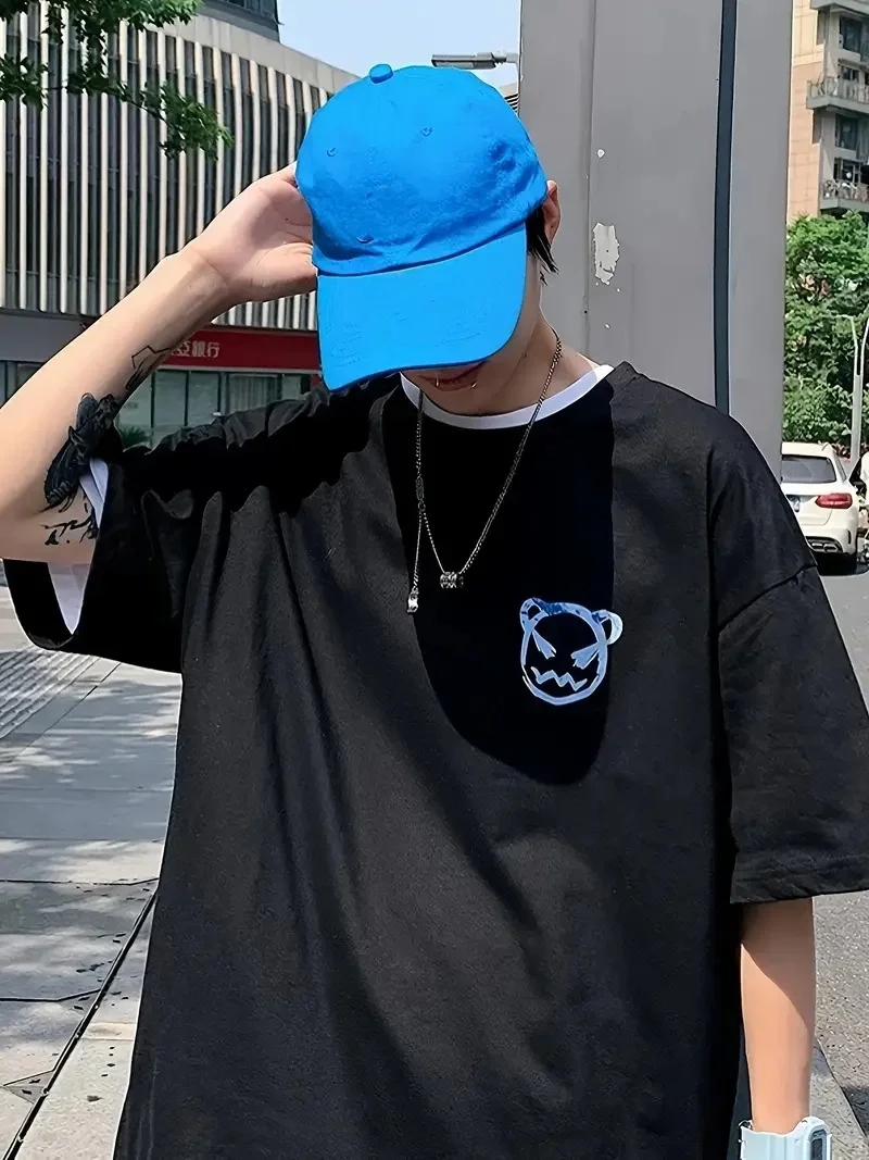 20/1 Penye Compack Bisiklet Yaka Kore tarzı sevimli ayı baskı Kısa Kol   t-shirt - Siyah -