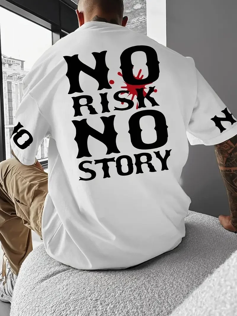 No Risk No Story Baskılı Oversize Bisiklet Yaka T-shirt - Beyaz -