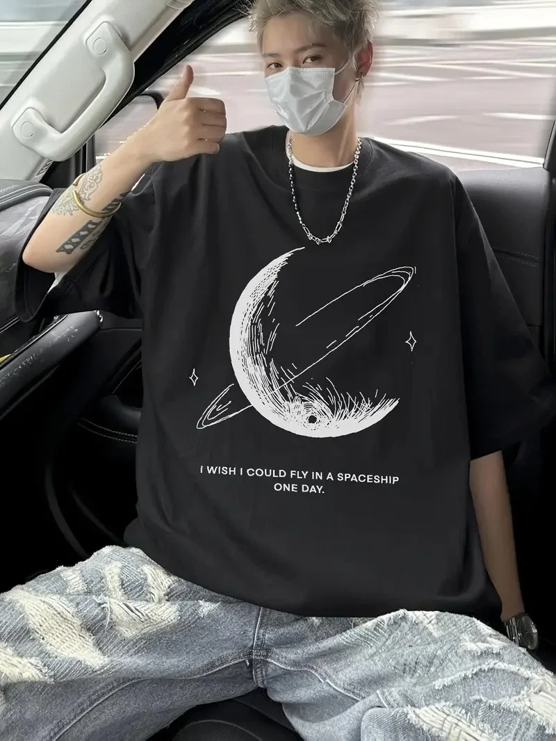 Siyah Tişört Grafik Genç Emo Vintage Gotik Rahat Büyük Beden Kısa Kollu Tişört- Siyah -