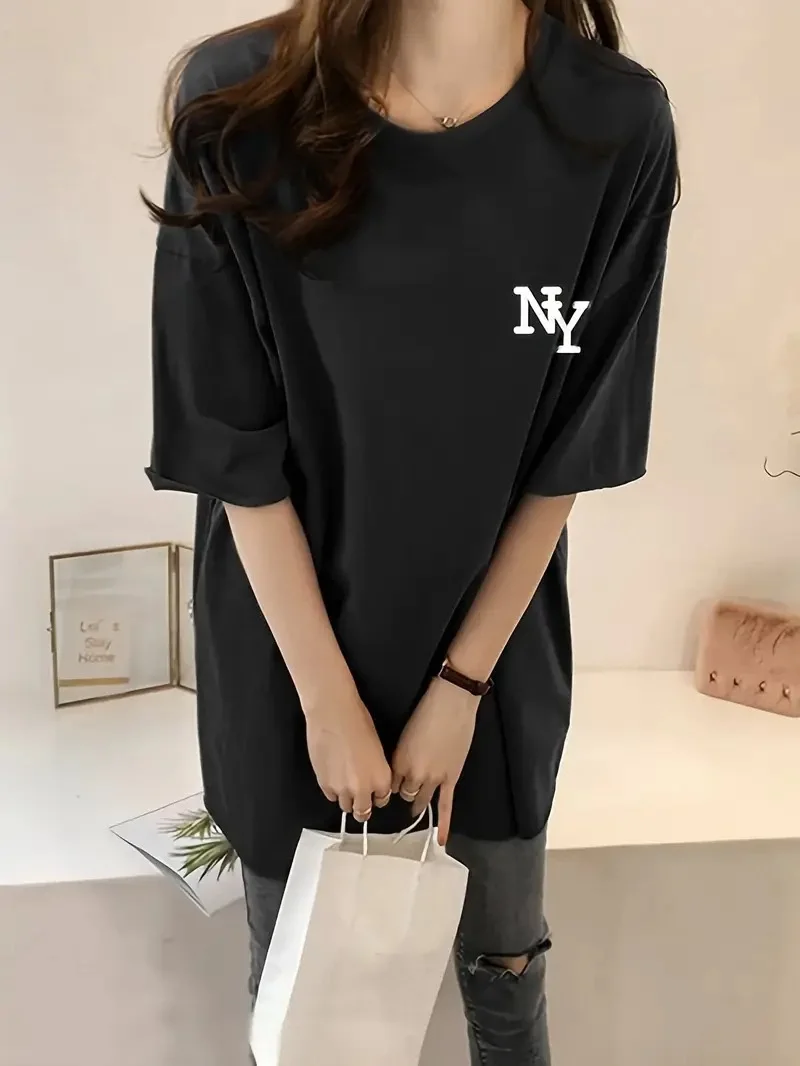 Eğlenceli Harf NY Baskılı Bisiklet Yaka Tişört - Siyah -